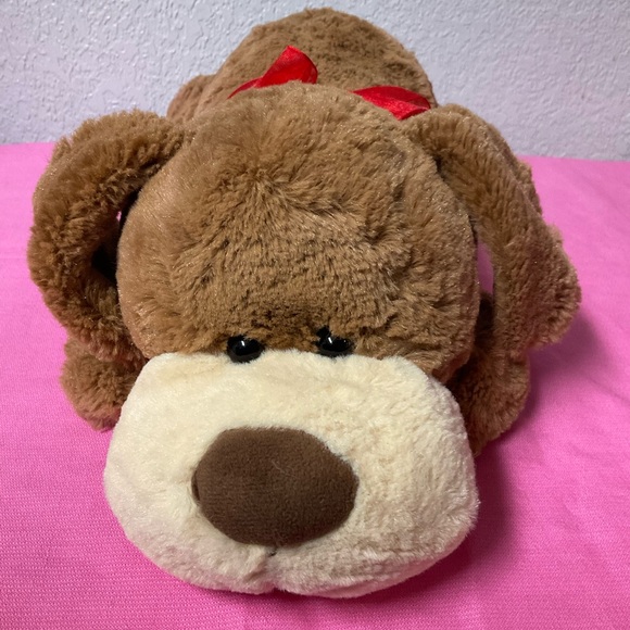 Hug Fun Plush Flopsie Brown Dog with Red Bow Lying Down Dog Stuffies - Picture 2 of 10